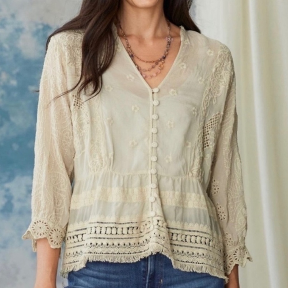 Johnny Was Cream Embroidered Button-Up Top - Picture 3 of 11